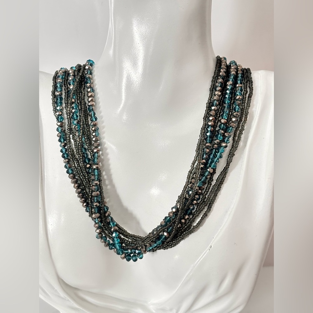 Premier Designs multi-strand necklace with turquoise and grey seed beads